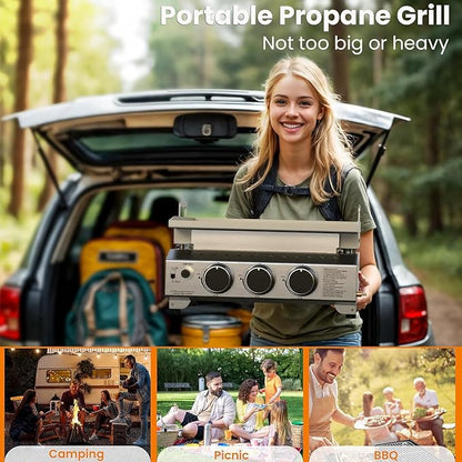 COWSAR 3-Burner Portable Tabletop Grill, 24000 BTU Stainless Steel Non-Stick Outdoor Portable Propane Griddle for Camping RV Backyard BBQ