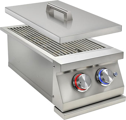 Double Side Burners for Outdoor Grill, Heavy-Duty 304 Stainless Steel | Built-in Side Burners with LED for Outdoor Kitchen BBQ Island, 2x17,000BTU Natural Gas Side Burner with Cast Brass Burner.