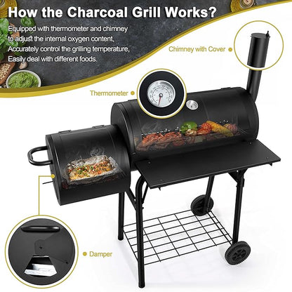 Joyfair Charcoal Grill with Offset Smoker, Camping Barbecue Grill with Side Fire Box for Outdoor BBQ Smoking/Backyard Party Grilling, Thick Iron Steel & Dual Chamber Design, Thermometer & Chimney