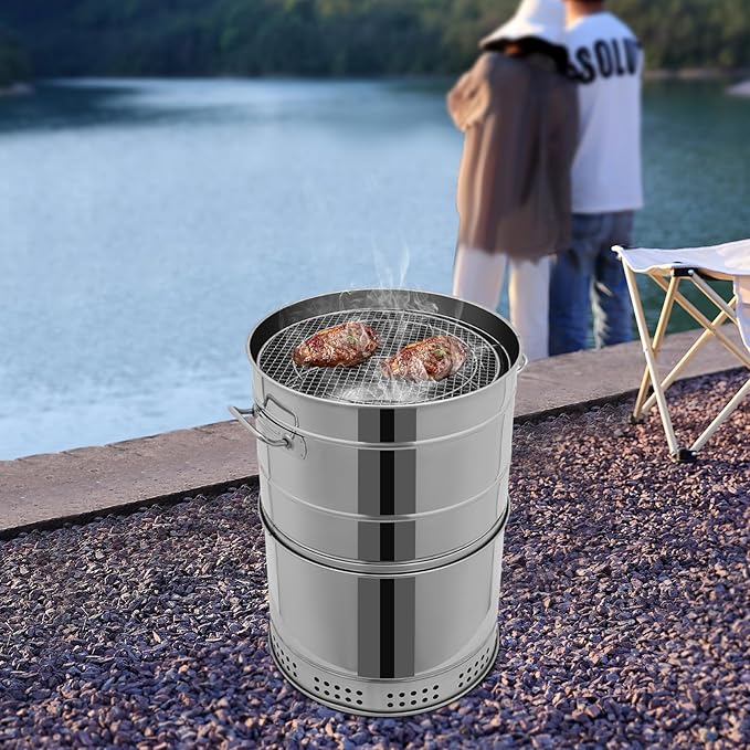 Large Hanging Charcoal Grills, Stainless BBQ Grill Barrel Set with 50 Skewers & Ash Catching Tray Portable Grill with Multiple Clips & 2 Brushes for Travel Camping Picnic Patio Backyard
