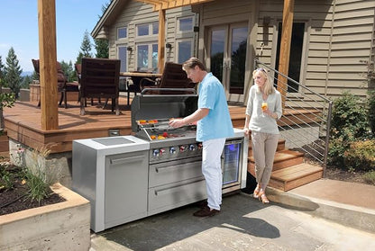 Mont Alpi 94"W x 23"D x 46"H Deluxe Stainless Steel Modular Outdoor Kitchen Island with Refrigerator + 44"W 6-Burner BBQ Gas Grill + Side Burner + Granite Countertops + Storage Cabinets and Drawers