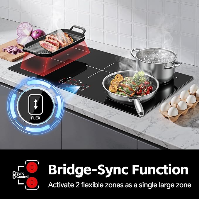 36 Inch Electric Induction Cooktop 5 Burners, 10800W Built-in Induction Stove Top with Double Bridge Function, Booster, Timer, Child Lock, Sensor Touch Control, 240V/50A, No Plug