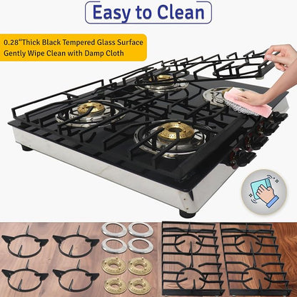 4 Burner Gas Stove Top, 25" Black Tempered Glass Countertop Stove | Stainless Steel 4 Burner Cooktop Burners RV Stove for Cooking Range Gas with Hose & Regulator to Connect Propane Cooktop
