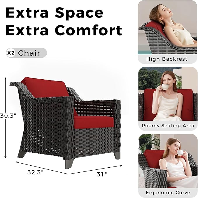 Patio 2 Pieces Wicker Chairs Set of 2，Outdoor PE Rattan Armchairs, Water-Resistant Cushions with Removable and Washable Covers, Porch, Balcony, Sunroom (Red)