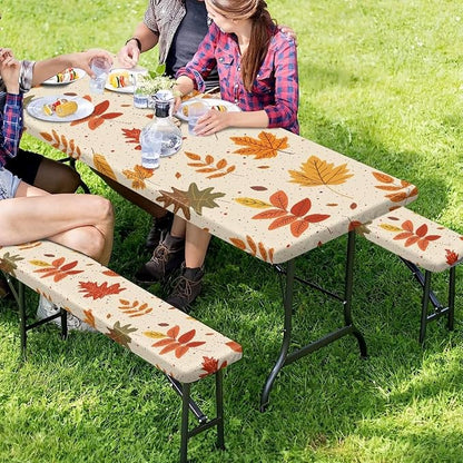 Picnic Table Cover for Outdoor Camping Maple Leaf Print Elastic Fitted Table Cloth for Camping Party Supplies 3 PCS Set