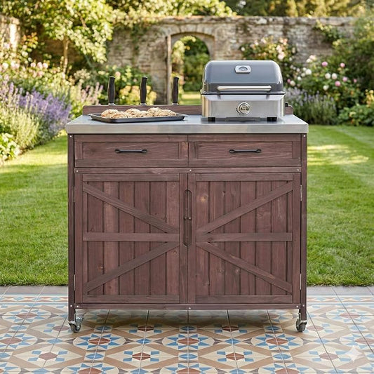 JIVOIT 39.4" Outdoor Kitchen Island with Stainless Table Top, Solid Fir Wood Storage Kitchen Cabinet with Drawer, Adjustable Shelves, Internal Storage Racks & 4 Wheels, Two Doors (Dark Brown/9)