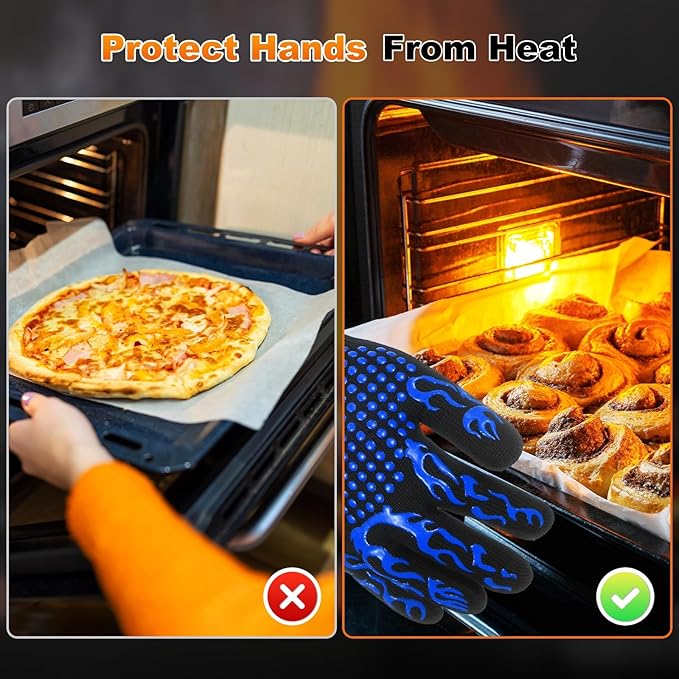 M METERXITY 1-Pair BBQ Gloves, 1472°F Heat Resistant Non-Slip Grilling Oven Gloves for Barbecue/Baking/Cooking, with Storage Bag [Flame Pattern L, Blue]
