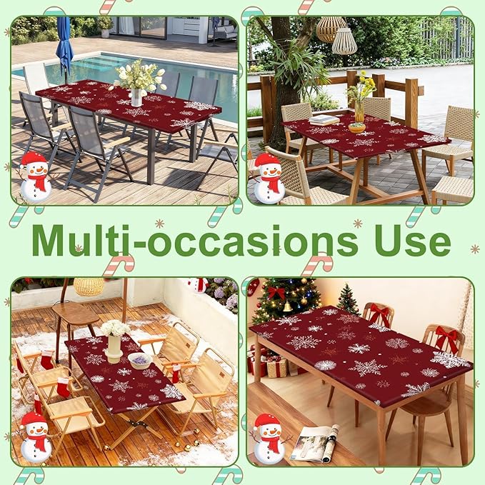 Christmas Picnic Table Cover with Bench Covers Set, Elastic Fitted Tablecloth for Outdoor Picnic Tables, Red Snowflake Pattern, Durable Vinyl Table Cover for Camping, BBQs, and Parties