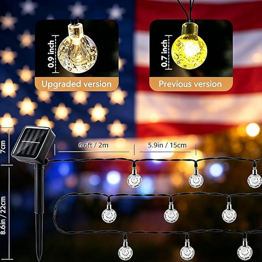 Patriotic Red White Blue Solar String Lights Outdoor Waterproof IP65 9.3ft 20 LED Crystal Globe for 4th of July, Patio Backyard Porch Party Decor Camping (Red White Blue)