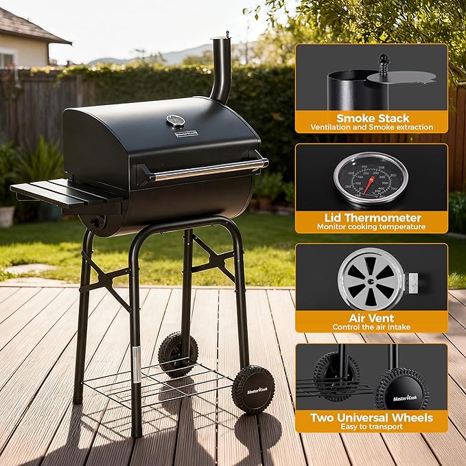 MASTER COOK Barrel Style Charcoal Grill with Side Table, Adjustable Charcoal Tray, Air Vent and Warming Rack, Smoke bbq Grill for Outdoor Patio Backyard and Camping