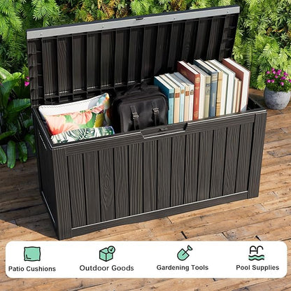 80 Gallon Deck Box with Lock - Resin Waterproof Outdoor Storage Box for Patio Furniture,Garden Tools,Cushions,Pool Accessories(Black)