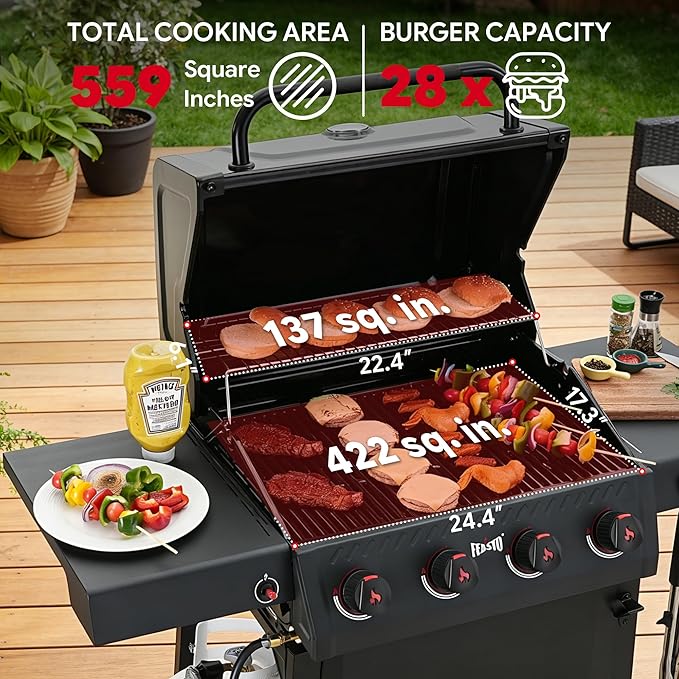 Feasto 4-Burner Gas BBQ Grill with Side Tables, 36,000 BTU Outdoor Propane Grill with Premium Enameled Coated Chamber Body & Porcelain-Enameled Grates for Deck Party & Patio BBQ, 559 Sq. In., Black