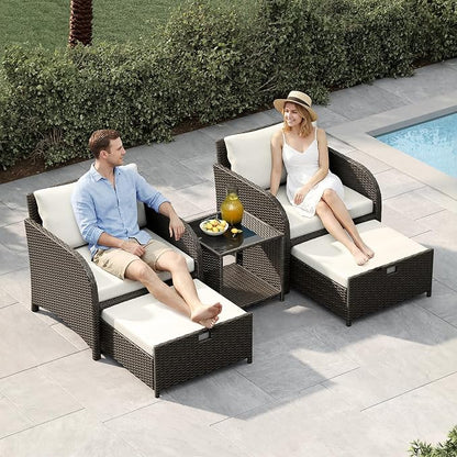 Garvee 5-Piece Outdoor Patio Conversation Set with Hidden Ottomans | PE Rattan Wicker Patio Furniture with Soft Cushions & Glass Coffee Table, Outdoor Lounge Chairs for Porch, Backyard (Beige)