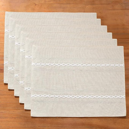 Wracra Cotton Linen Place Mats, Ivory Embroidered Placemats Set of 6 | Placemats 12 x 18 Inch; Cotton Linen Woven Fabric; Heat Resistant Table Mats; Raised Embroidered Hollow Design