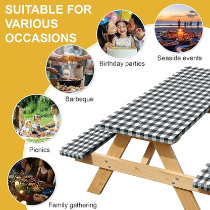 Picnic Table Cover with Bench Covers, Washable Tablecloth for 6 Foot Rectangle Tables – 72"x30" Waterproof Elastic Fitted Black and White Checkered Camping Tablecloth for Outdoor Use