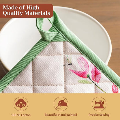 Maison d' Hermine 100% Cotton Oven Mitt & Pot Holder Set (7.5"x13" & 8"x8") Heat Resistant BBQ Cooking Gloves with Loop Baking Grilling Kitchen Hotel Home Farmhouse Spring Summer (Botanical Fresh)