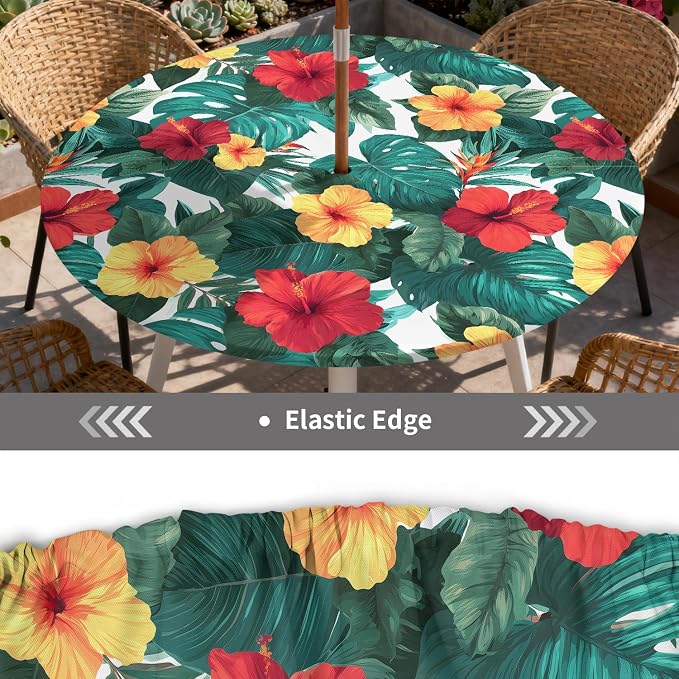 Outdoor Tablecloth with Umbrella Hole and Zipper Fits 32-36" Tables | Waterproof Round Fitted Tablecloth with Elastic Edge, Wipeable Outdoor Table Cover for Patio, Garden, Picnic