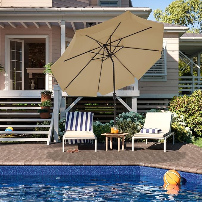 JEAREY 9' 2-Tiers Patio Umbrellas Outdoor Market Table Umbrella w/Push Button Tilt/Crank, 8 Sturdy Ribs, UV Protection Waterproof Sunproof(Sand)