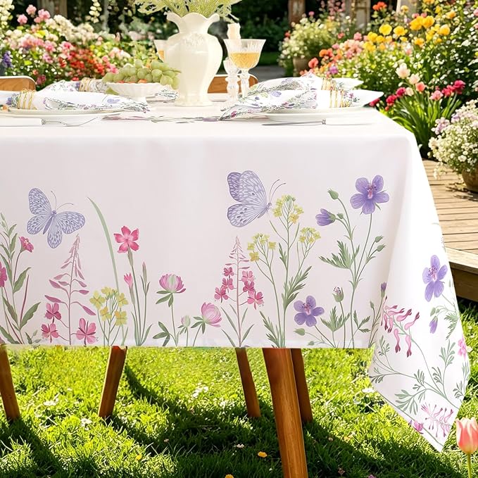 SASTYBALE Spring & Summer Floral Tablecloth 60 x 102 Inch Rectangular | Wildflower & Butterfly Printed, Rectangle Table Cover, Waterproof Spill Proof Wrinkle Free for Dining, Party, Indoor, Outdoor