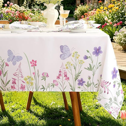 SASTYBALE Spring & Summer Floral Tablecloth 60 x 102 Inch Rectangular | Wildflower & Butterfly Printed, Rectangle Table Cover, Waterproof Spill Proof Wrinkle Free for Dining, Party, Indoor, Outdoor