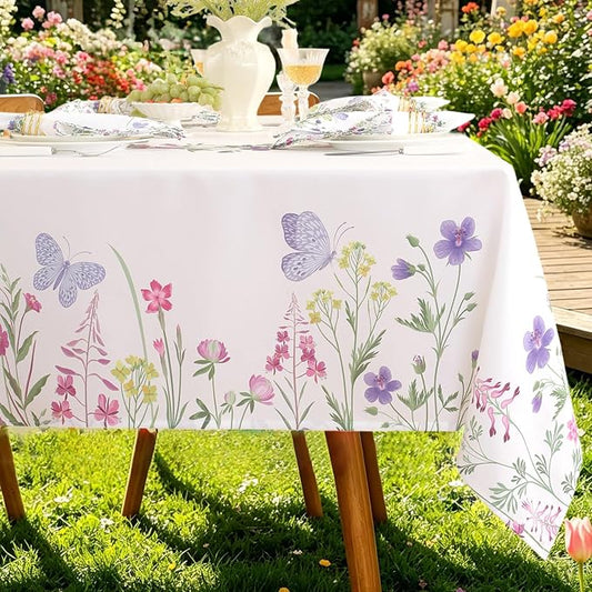 SASTYBALE Spring & Summer Floral Tablecloth 60 x 102 Inch Rectangular | Wildflower & Butterfly Printed, Rectangle Table Cover, Waterproof Spill Proof Wrinkle Free for Dining, Party, Indoor, Outdoor