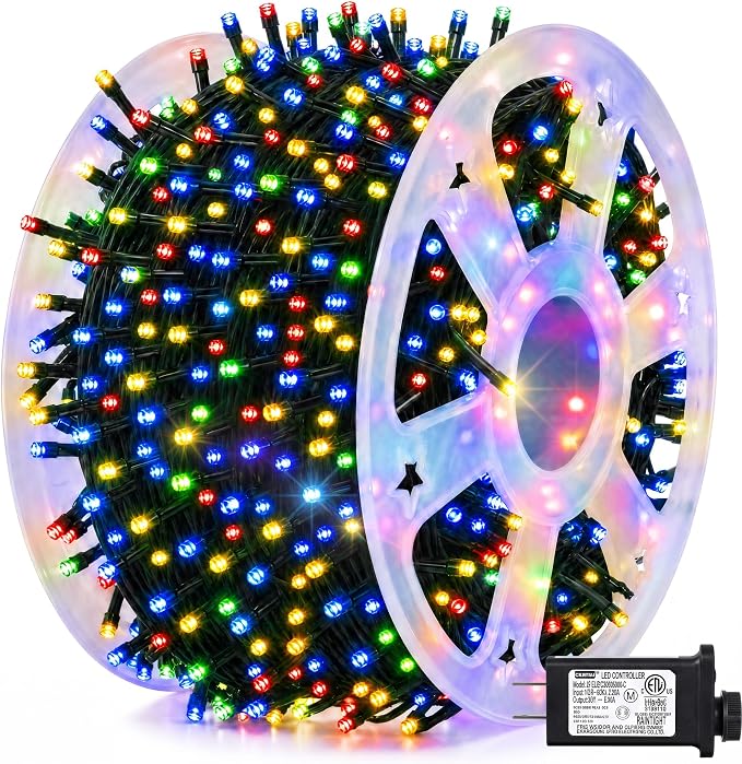 Dazzle Bright 164 FT 500 LED Christmas String Lights, Waterproof Green Wire String Lights with 8 Modes, Outdoor Christmas Decorations for Indoor Garden Party Yard Decor (Multi-Colored)