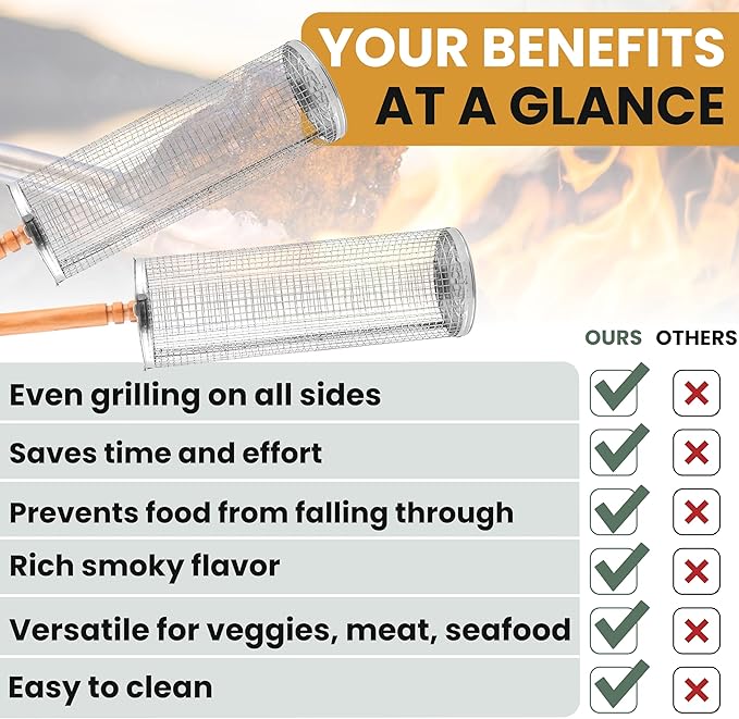 Rolling Grill Basket Fathers Day Gifts For Dad Removable Wooden Handle 304 Stainless Steel Nesting Smoker Net BBQ Grilling Accessories Tools Kebab Fish Vegetable Steamer Basket Camping Cooking Outdoor Kitchen Food Rotisserie Barbeque Cooking Grilling G...