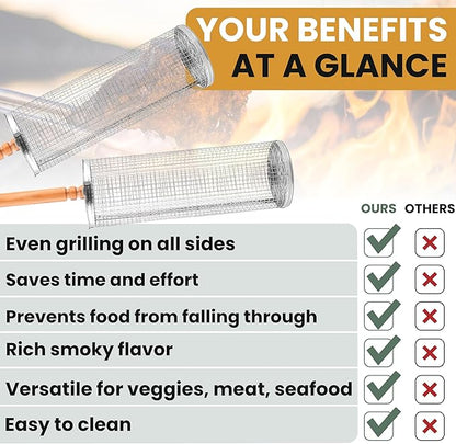 Rolling Grill Basket Fathers Day Gifts For Dad Removable Wooden Handle 304 Stainless Steel Nesting Smoker Net BBQ Grilling Accessories Tools Kebab Fish Vegetable Steamer Basket Camping Cooking Outdoor Kitchen Food Rotisserie Barbeque Cooking Grilling G...