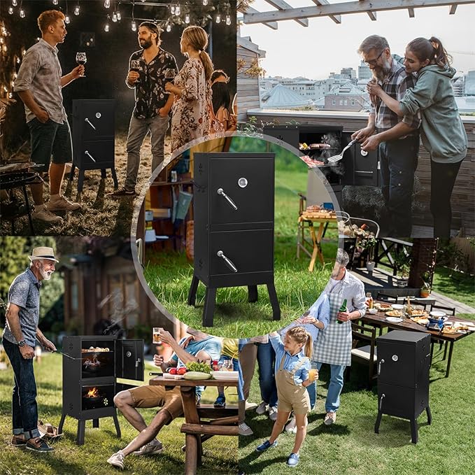 Outdoor Charcoal Grill Barbecue Grills with Thermometer, Charcoal Pan & 4 Air Vents, Vertical BBQ Grill for Garden Party Picnic Hiking Backyard Cooking, Easy to Assemble, Asadores de Carbon (Black)