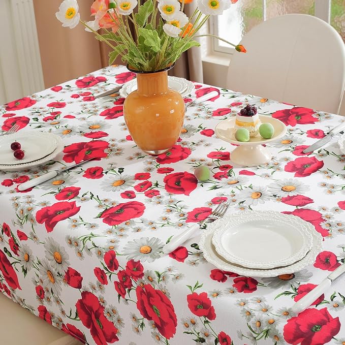 SASTYBALE Spring Summer Tablecloth, 52 x 70 Inches, Rectangle, Red Floral | Reusable, Wrinkle Resistant, Washable ,Texture Fabric Polyester, Indoor & Outdoor, Picnic, Patio, Fits 4-6 Seats