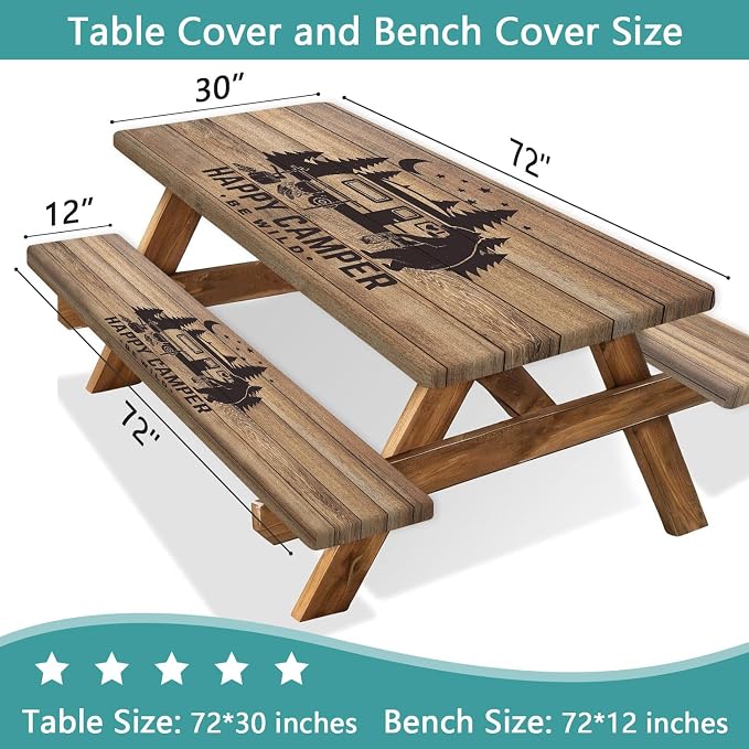 Picnic Table Cover with Bench Covers, Waterproof Windproof Fitted Outdoor Tablecloth with Elastic Rectangle Table Camping Must Haves Rv Accessories, 72in, Brown Wooden