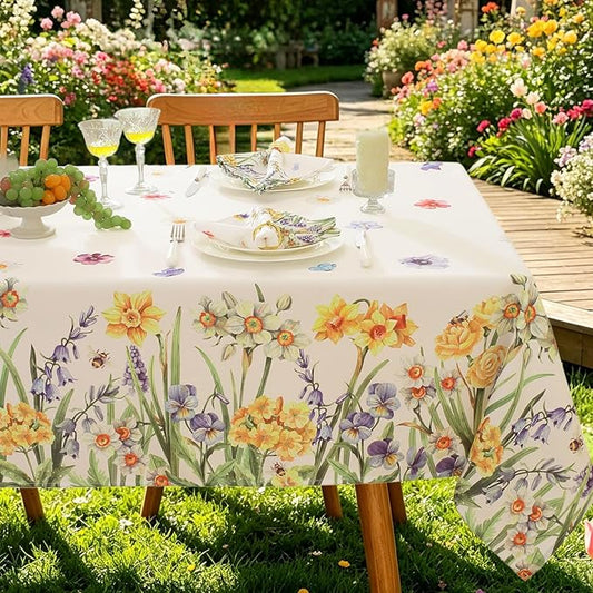 SASTYBALE Spring Summer Floral Tablecloth 52 x 70 Inch Rectangular, Wildflowers & Butterfly Pattern, Washable Wrinkle-Resistant Table Cover for Party, Picnic, Dinner & Home Decor