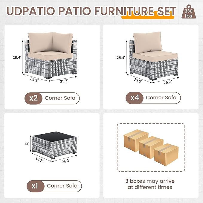 UDPATIO Outdoor Patio Furniture Set, 7 Pcs PE Wicker Sectional Sofa with Tea Table, Outdoor Conversation Set with Waterproof Cover for Patio, Garden, Backyard (Beige Cushions with Grey Rattan)