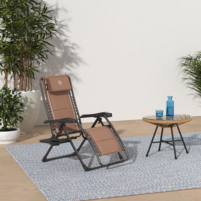 TIMBER RIDGE Zero Gravity Chairs, Folding Recliner Chair Padded with Cup Holder and Headrest, Adjustable Lounge Reclining Chair for Outdoor Camping Lawn Patio Indoor, Supports 350lbs, Brown | Padded Foldable Lounger with Sliding Headrest and Cup Holder...