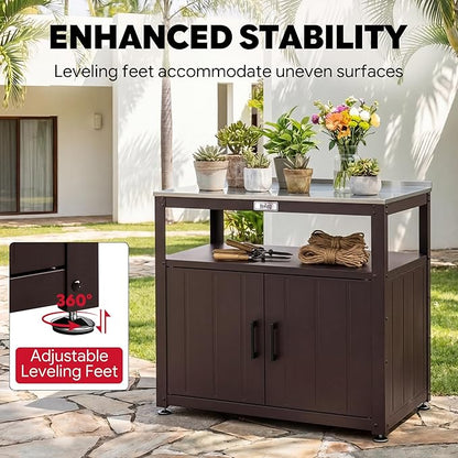 Feasto Metal Outdoor Potting Bench with Storage Cabinet for Garden Work | Durable Metal Cabinet & Stainless Steel Top, Open Middle Shelf, Raised Edge & Adjustable Feet, for Patio, Lawn & Greenhouse