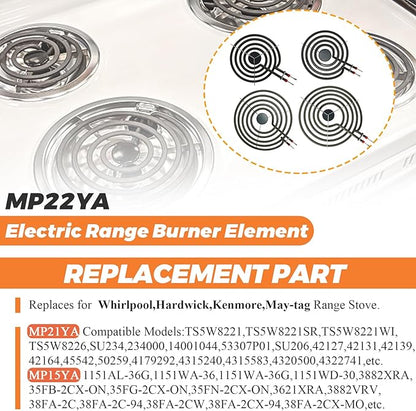 【2026 UPGRADED】 MP22YA Electric Range Burner Element Unit Set - Replacement for Ken-more Whirlpool May-tag Hardwick Norge Ranges/Stoves - Include 2 pcs MP15YA 6" and 2 pcs MP21YA 8" by Beaquicy