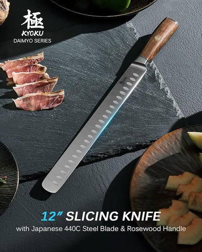 KYOKU 12" Slicing Knife, Daimyo Series Brisket Knife for Meat Cutting with Rosewood Handle, Japanese Style 440C Stainless Steel Meat Carving Knife for BBQ Turkey Ham Rib Roast with Sheath and Case