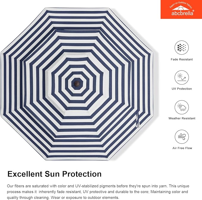 ABCCANOPY 9FT 3-Tier OLEFIN® Patio Umbrella with Stripe, 5-Year No Fading | Heavy Duty Fade-Resistance Outdoor Umbrella, 8 Sturdy Ribs, Tilt, Crank for Deck, Backyard, Garden, Yard, Pool, Navy Stripe