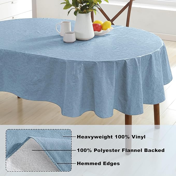 Newbridge Napa Leaf Blue Vinyl Flannel Backed Tablecloth, 60 x 102 Inch Oval, Hotel Quality Waterproof Indoor Outdoor Table Cover for Kitchen, Patio, Dining, BBQ