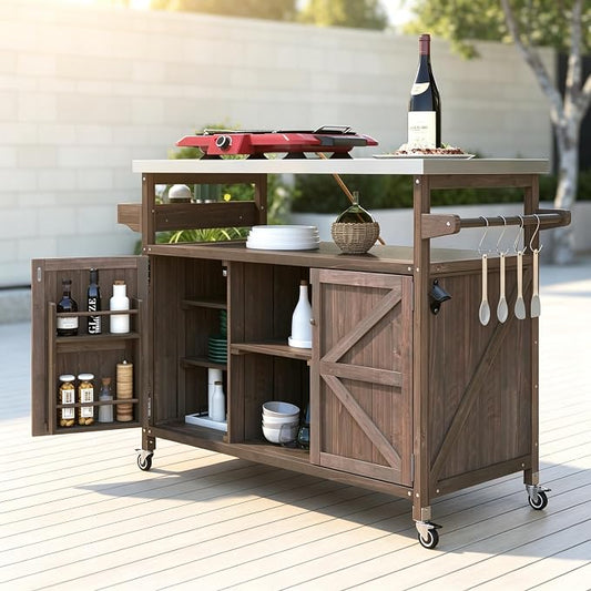 50.25" Outdoor Grill Table with Storage & Locking Wheels | Outdoor grill table,outdoor wood cabinet for grill,kitchen island with storage,steel top,spice rack,prep table for grilling