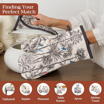 Maison d' Hermine 100% Cotton Oven Mitt & Pot Holder Set (7.5"x13" & 8"x8") | Heat Resistant BBQ Cooking Gloves with Loop Baking Grilling Kitchen Hotel Home Farmhouse Thanksgiving Christmas - Amazonia