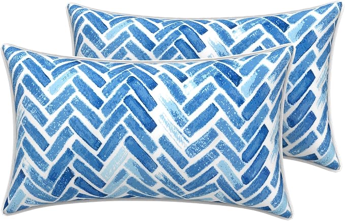 LVTXIII 2 Pack Outdoor Lumbar Pillow Covers 12x20 Inch with Piping, Water-Repellent Back Cushion Covers ONLY for Patio Furniture, Sofa, Garden Bench, Blue Bricks