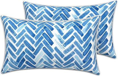 LVTXIII 2 Pack Outdoor Lumbar Pillow Covers 12x20 Inch with Piping, Water-Repellent Back Cushion Covers ONLY for Patio Furniture, Sofa, Garden Bench, Blue Bricks