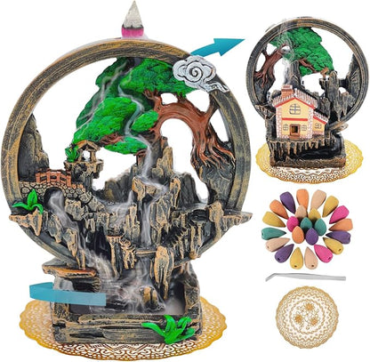 Mountain Waterfall Incense Burner，Backfall Incense Holder River, Incense Falls Meditation Decor for Room with Upgrade Incense Cones and Accessories (Chimney)