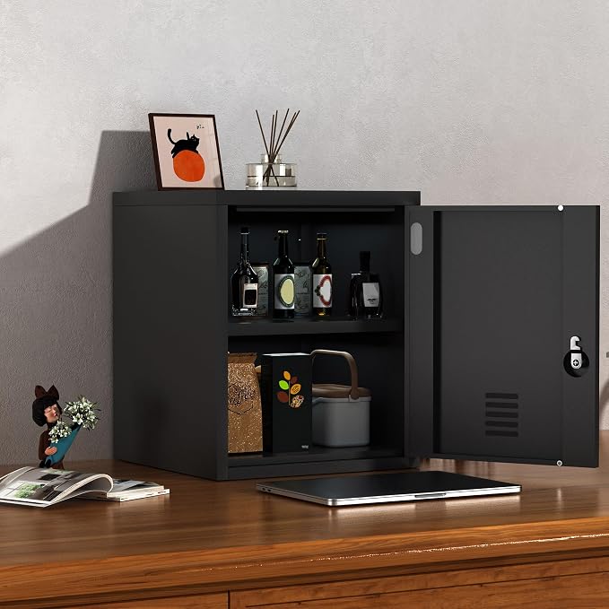 Metal Storage Locker Cabinet with Locking Door and Adjustable Shelf for Home Office Classroom Workshop Organization (Black)