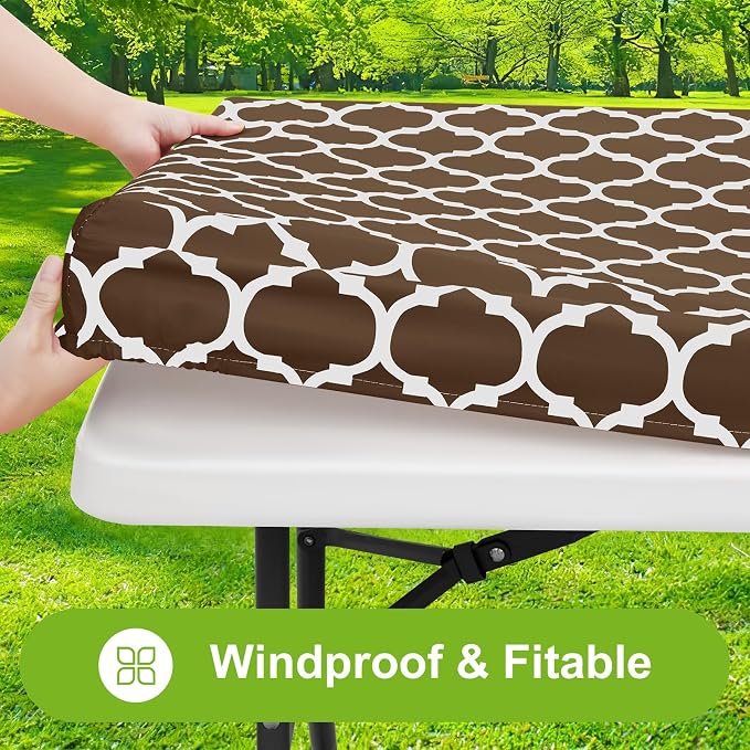 Smiry Picnic Fitted Table Cover, 8 Foot Flannel Backed Vinyl Tablecloth | Waterproof Elastic Stretch Table Cloth, Wipeable Plastic Tablecloth for Camping, Indoor & Outdoor (Brown, 30" x 96")