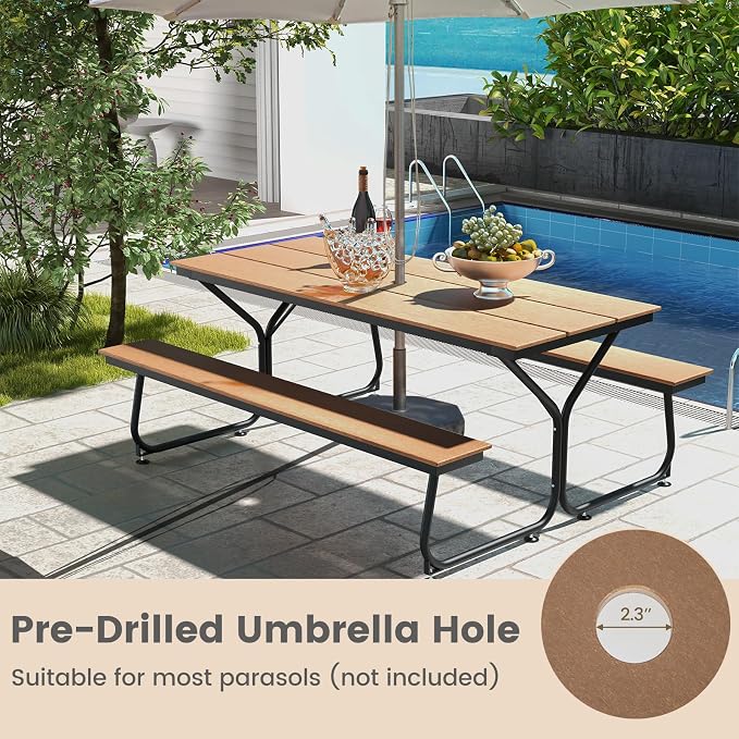 GIANTEX 6 FT Outdoor Picnic Table Bench Set for 6-8 People, 2400 LBS Capacity Patio Dining Table & 2 Benches with Metal Frame & HDPE, Balcony Conversation Set for Poolside Deck Garden (Brown)