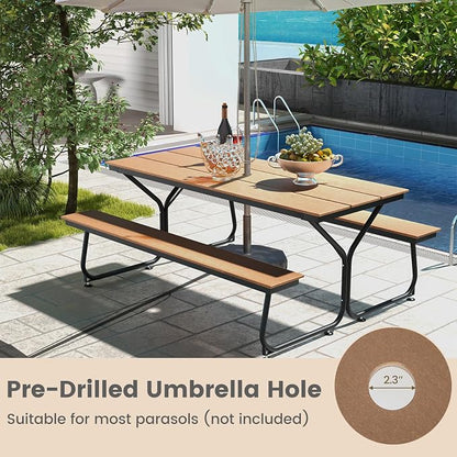 GIANTEX 6 FT Outdoor Picnic Table Bench Set for 6-8 People, 2400 LBS Capacity Patio Dining Table & 2 Benches with Metal Frame & HDPE, Balcony Conversation Set for Poolside Deck Garden (Brown)
