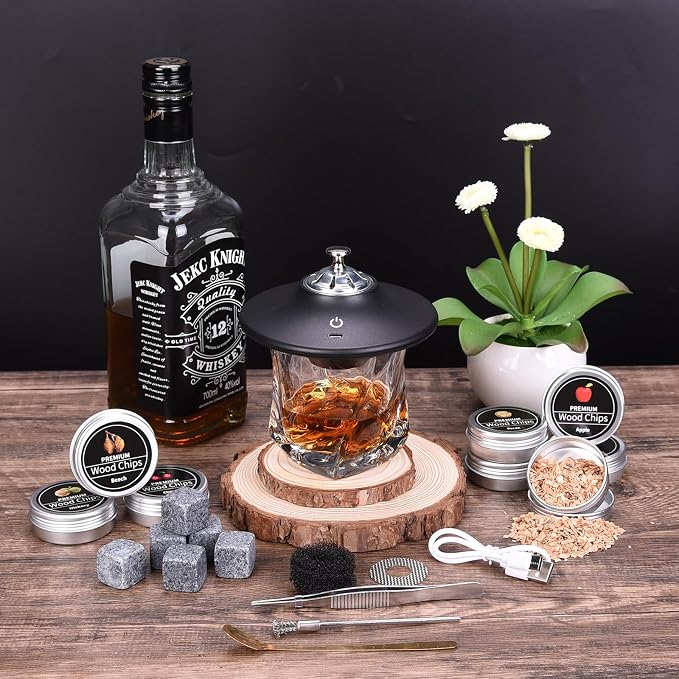 Electric Whiskey Smoker Kit, Old Fashioned Smoker Kit with 8 Wood Chip, Cocktail Smoker Kit with Whiskey Stone, Drink Smoker Gift Set for Birthday, Bourbon Whiskey for Men, Dad, Husband