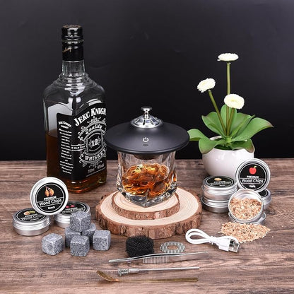Electric Whiskey Smoker Kit, Old Fashioned Smoker Kit with 8 Wood Chip, Cocktail Smoker Kit with Whiskey Stone, Drink Smoker Gift Set for Birthday, Bourbon Whiskey for Men, Dad, Husband